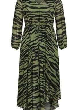 Avenue NWOT Chiffon Midi Dress Olive Black Handkerchief Hem Size 26/28